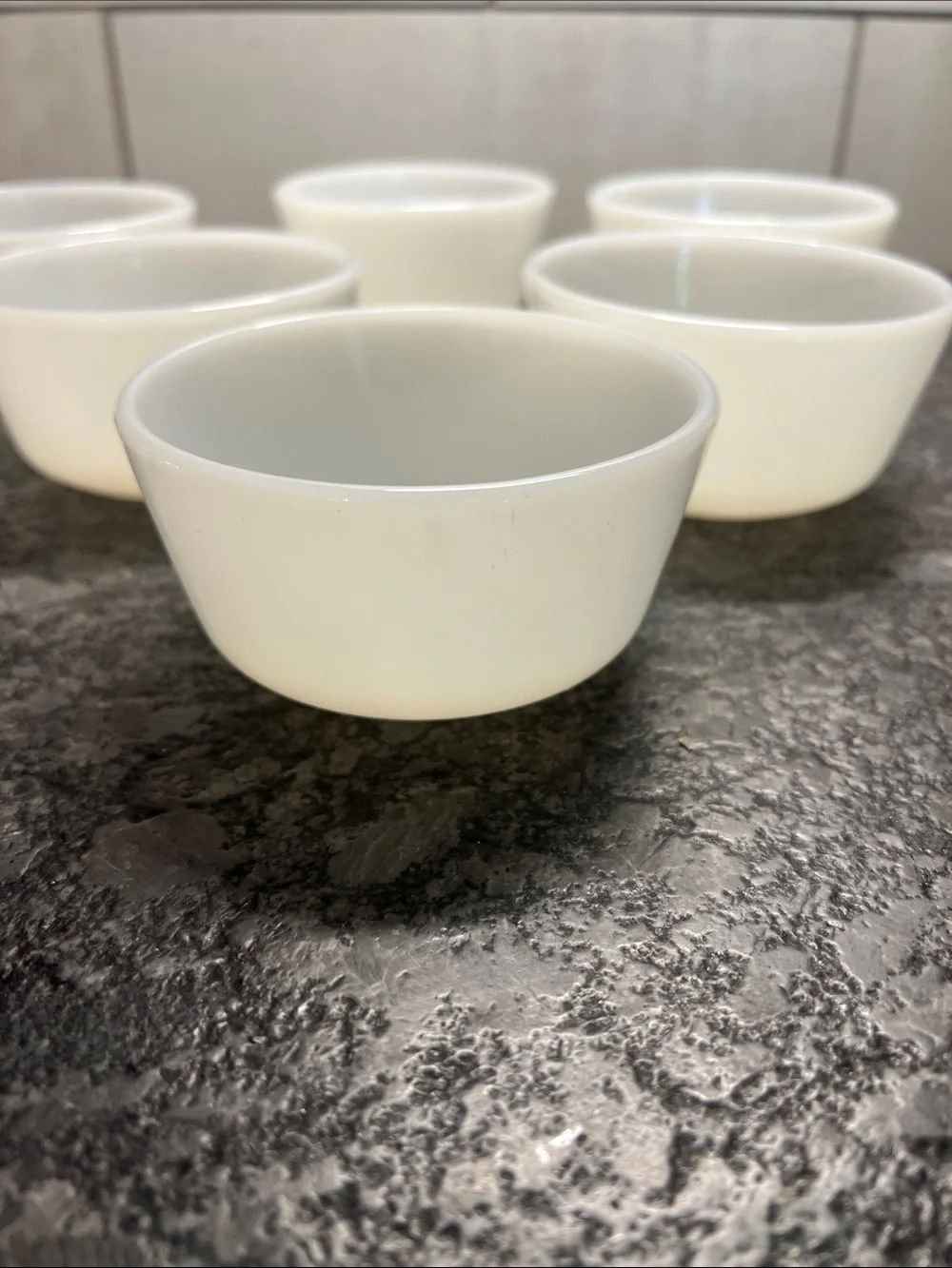 Set of 6 Fire King  White Milk Glass 6 Oz each dessert cups.  Exc condition